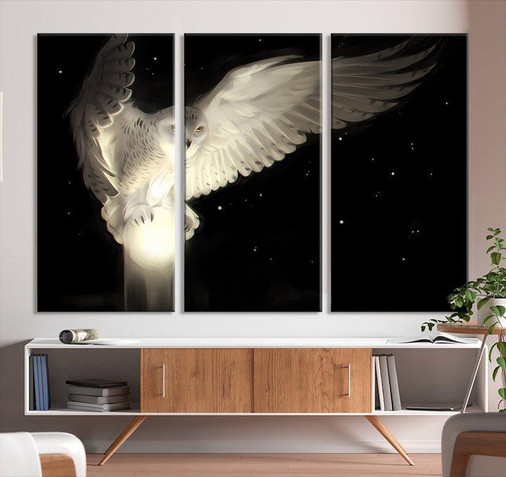 White Owl in Flight Canvas Wall Art Canvas Print