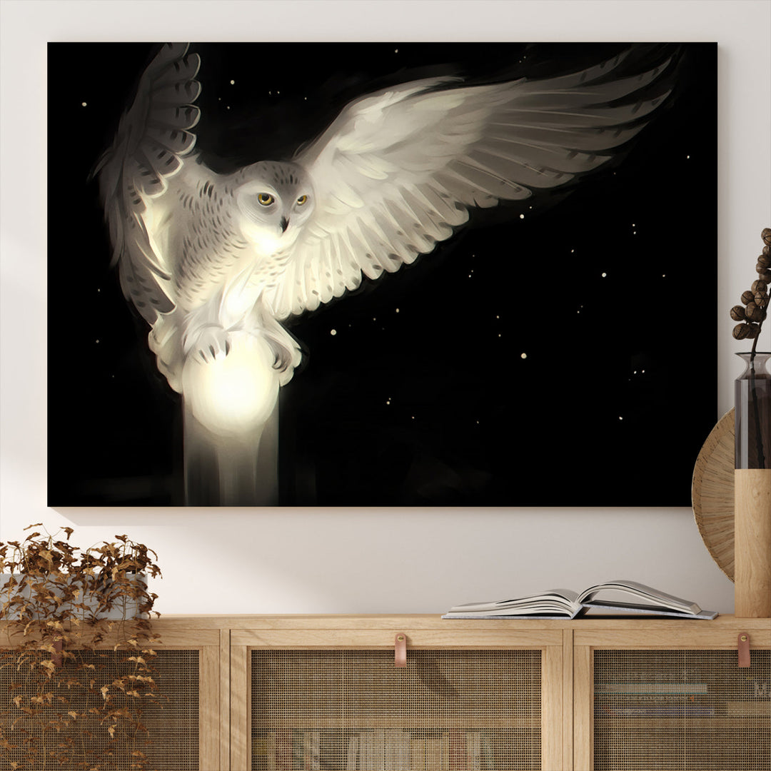 White Owl in Flight Canvas Wall Art Canvas Print