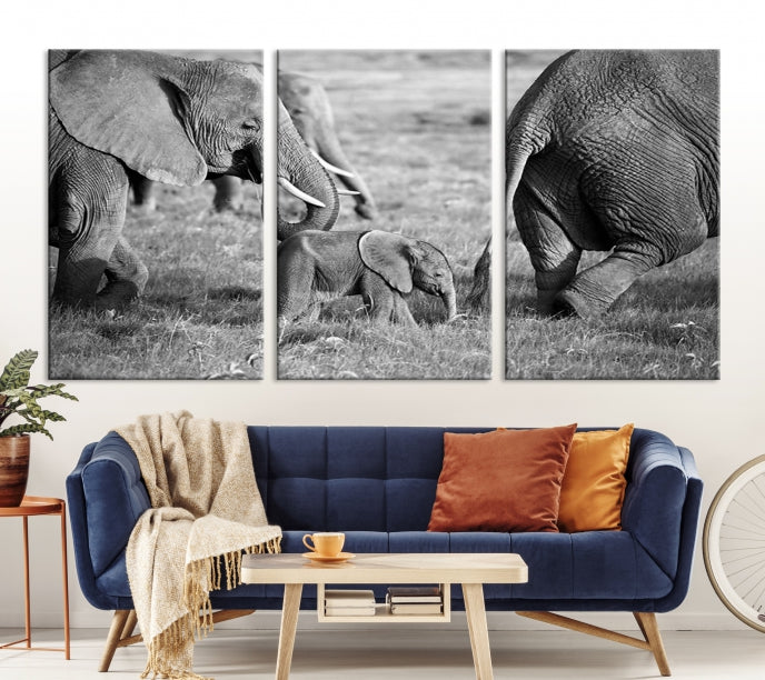 Wild Elephant Family Black and White Animal Wall Art Canvas Print