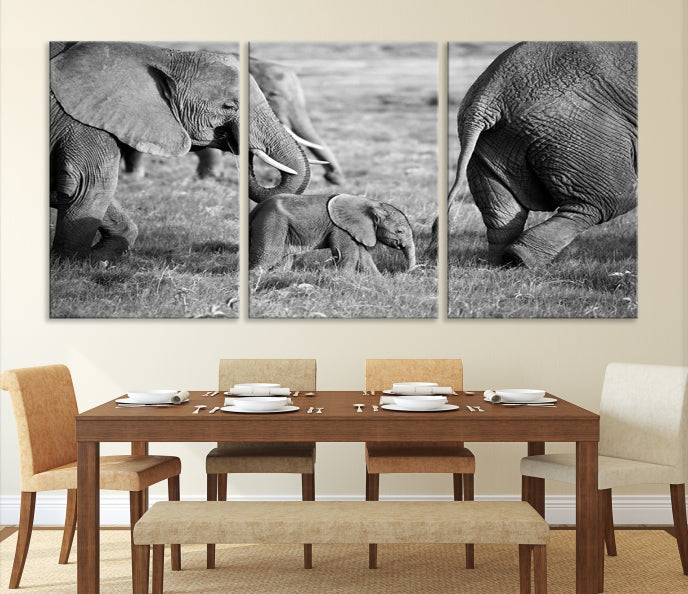 Wild Elephant Family Black and White Animal Wall Art Canvas Print