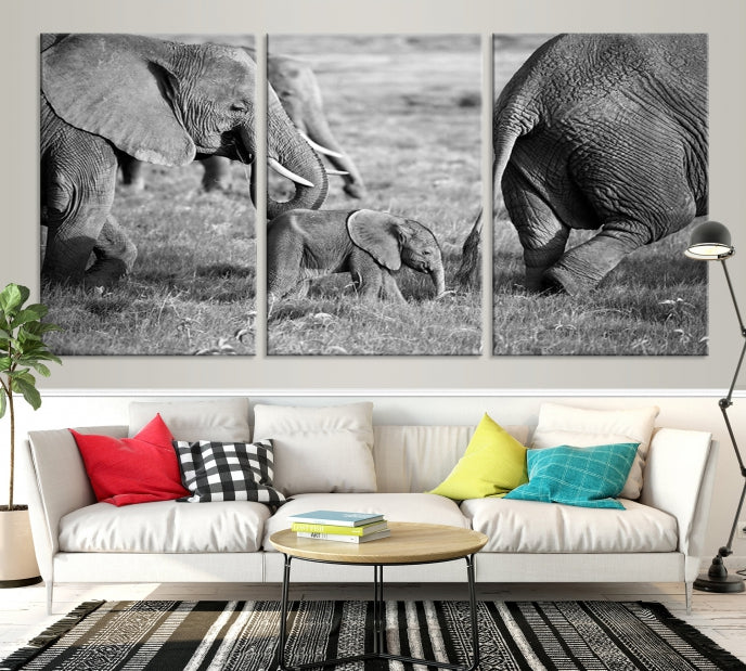 Wild Elephant Family Black and White Animal Wall Art Canvas Print