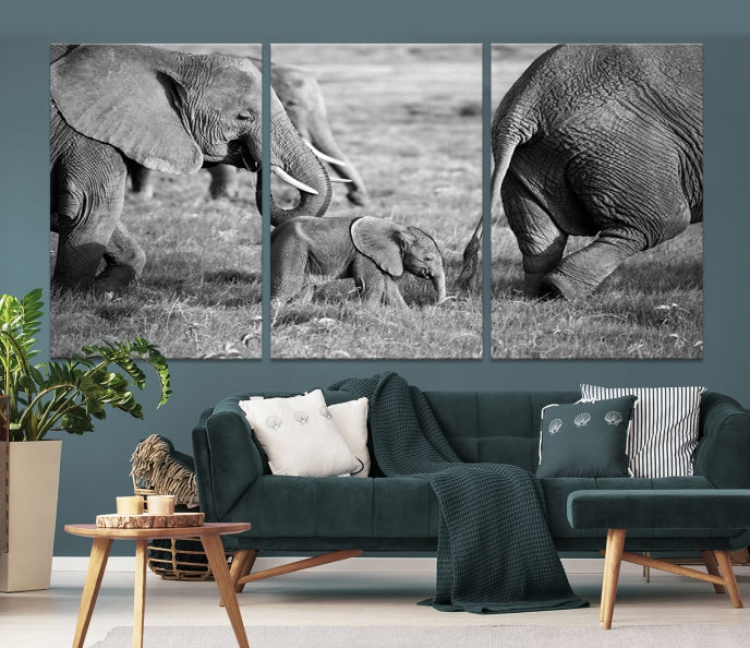 Wild Elephant Family Black and White Animal Wall Art Canvas Print