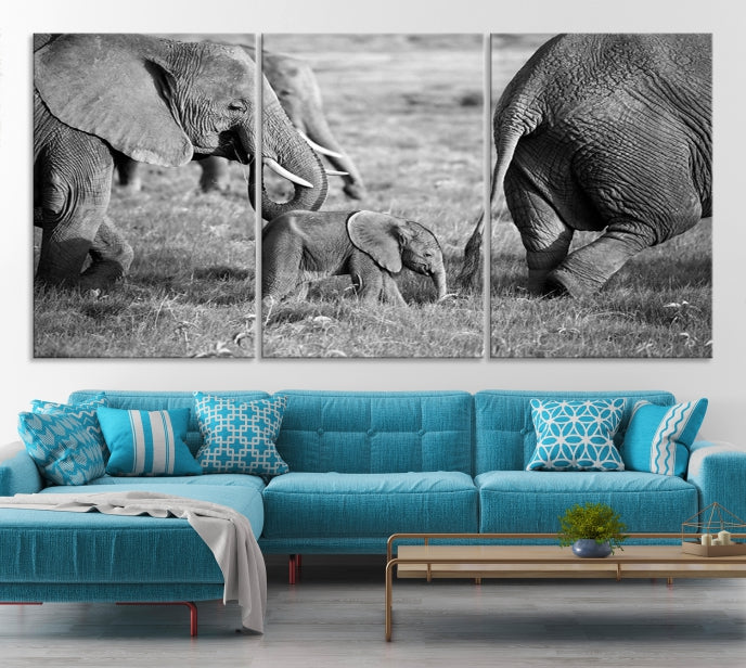 Wild Elephant Family Black and White Animal Wall Art Canvas Print