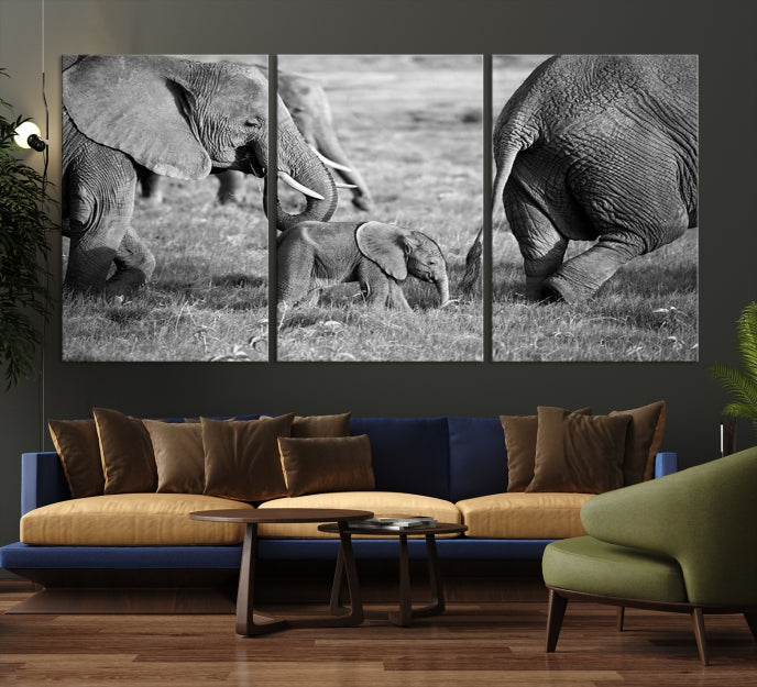 Wild Elephant Family Black and White Animal Wall Art Canvas Print