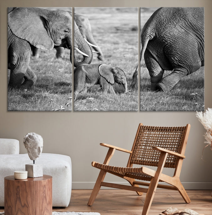 Wild Elephant Family Black and White Animal Wall Art Canvas Print