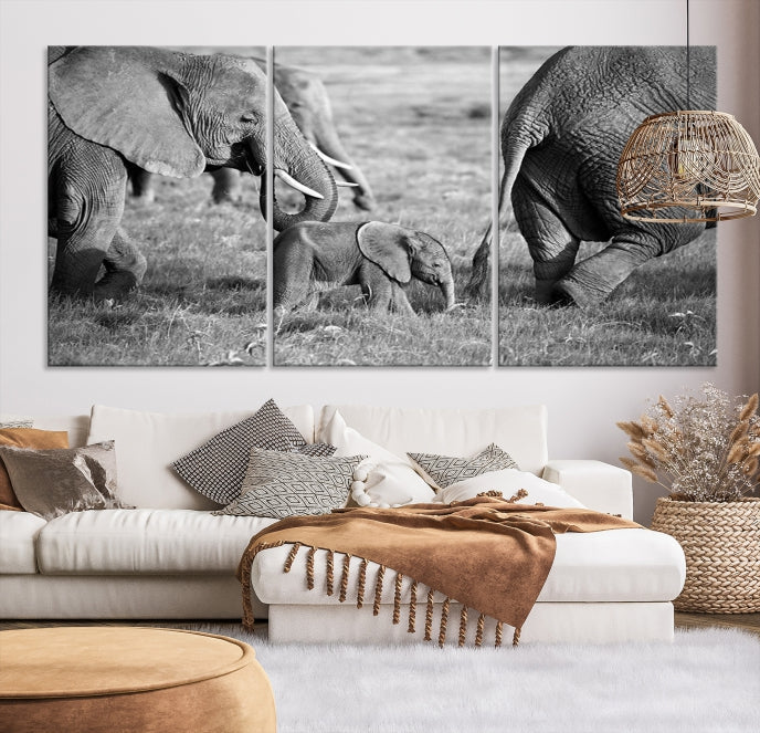 Wild Elephant Family Black and White Animal Wall Art Canvas Print