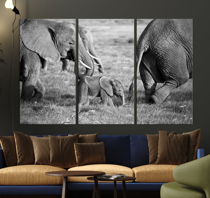 Wild Elephant Family Black and White Animal Wall Art Canvas Print