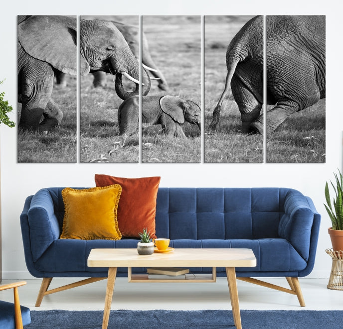 Wild Elephant Family Black and White Animal Wall Art Canvas Print