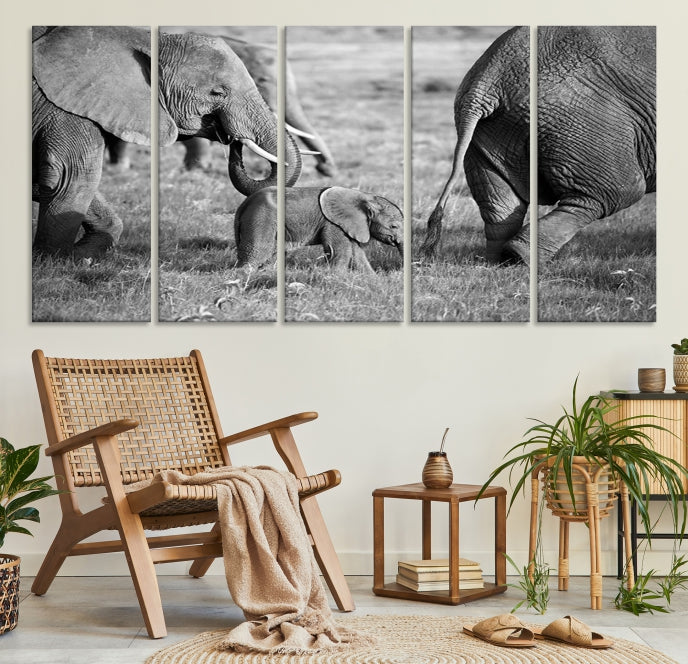 Wild Elephant Family Black and White Animal Wall Art Canvas Print