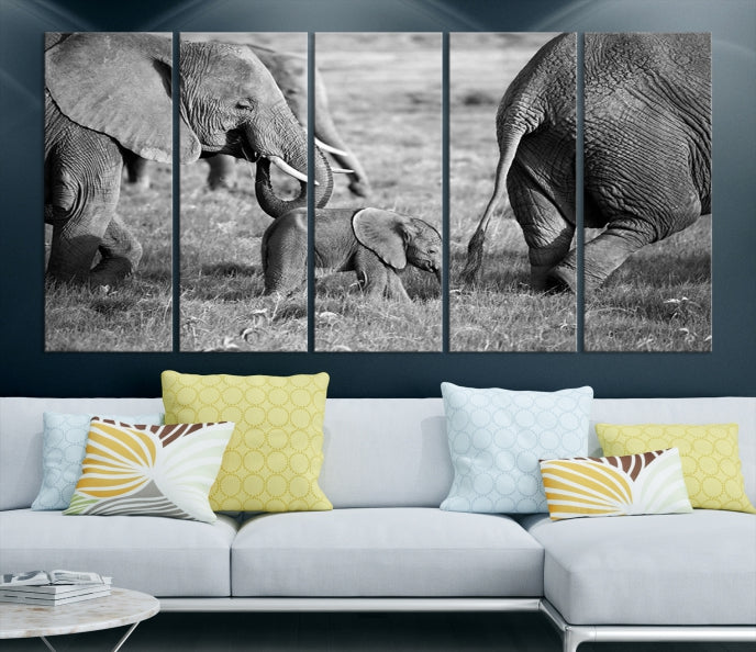 Wild Elephant Family Black and White Animal Wall Art Canvas Print