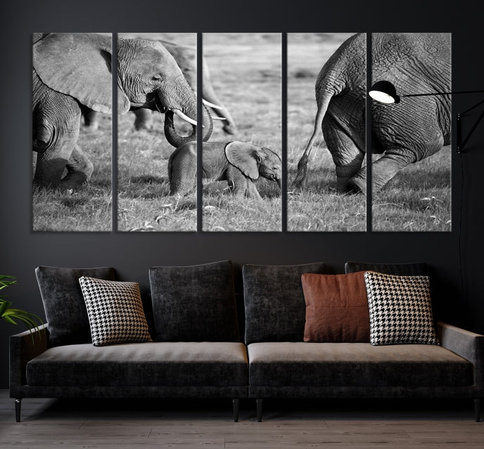 Wild Elephant Family Black and White Animal Wall Art Canvas Print