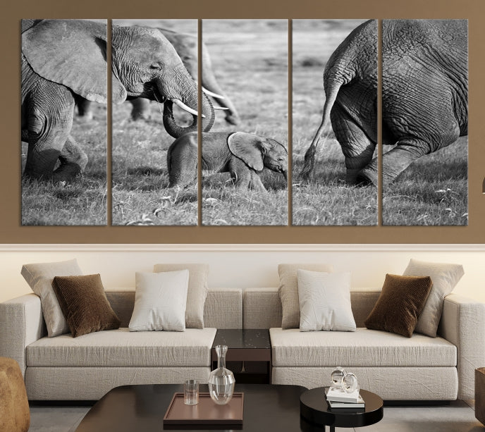 Wild Elephant Family Black and White Animal Wall Art Canvas Print