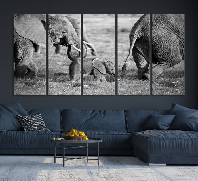 Wild Elephant Family Black and White Animal Wall Art Canvas Print