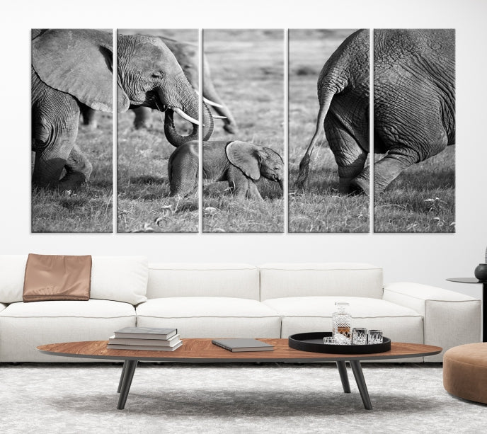 Wild Elephant Family Black and White Animal Wall Art Canvas Print