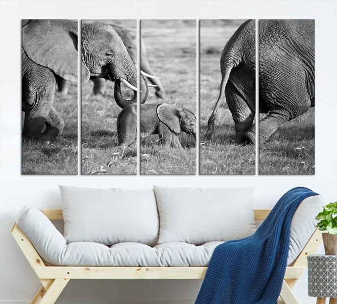 Wild Elephant Family Black and White Animal Wall Art Canvas Print