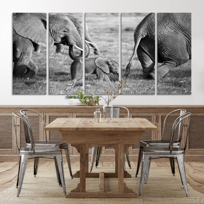 Wild Elephant Family Black and White Animal Wall Art Canvas Print