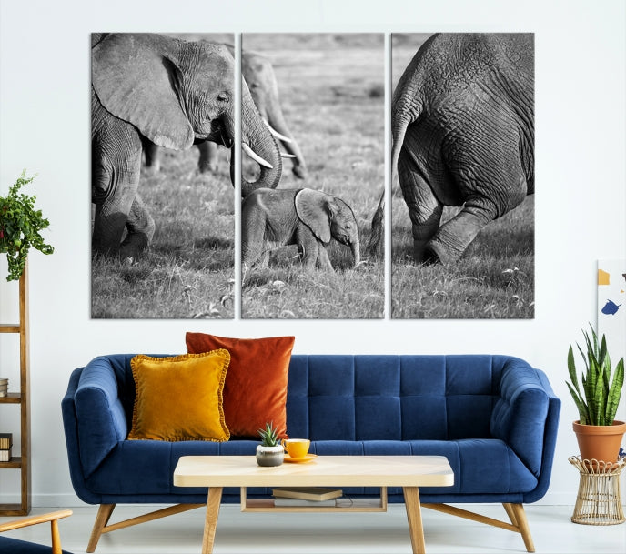 Wild Elephant Family Black and White Animal Wall Art Canvas Print