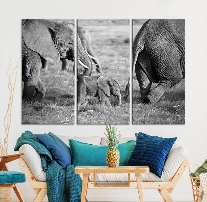 Wild Elephant Family Black and White Animal Wall Art Canvas Print