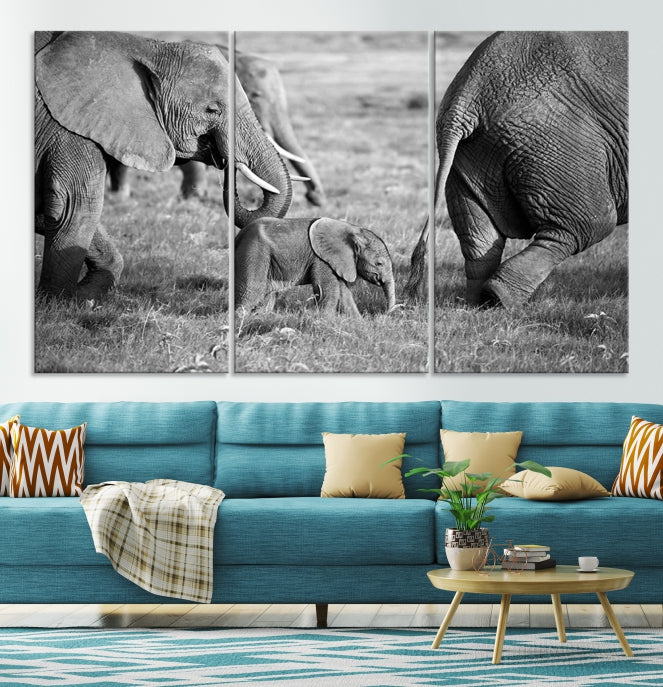 Wild Elephant Family Black and White Animal Wall Art Canvas Print