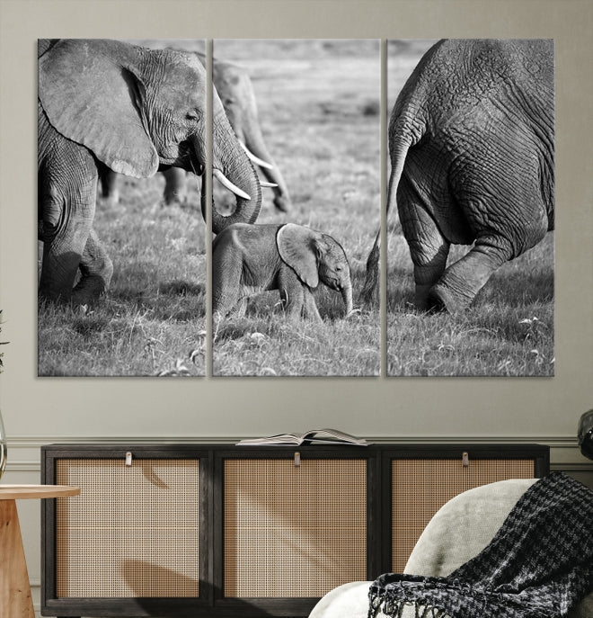 Wild Elephant Family Black and White Animal Wall Art Canvas Print