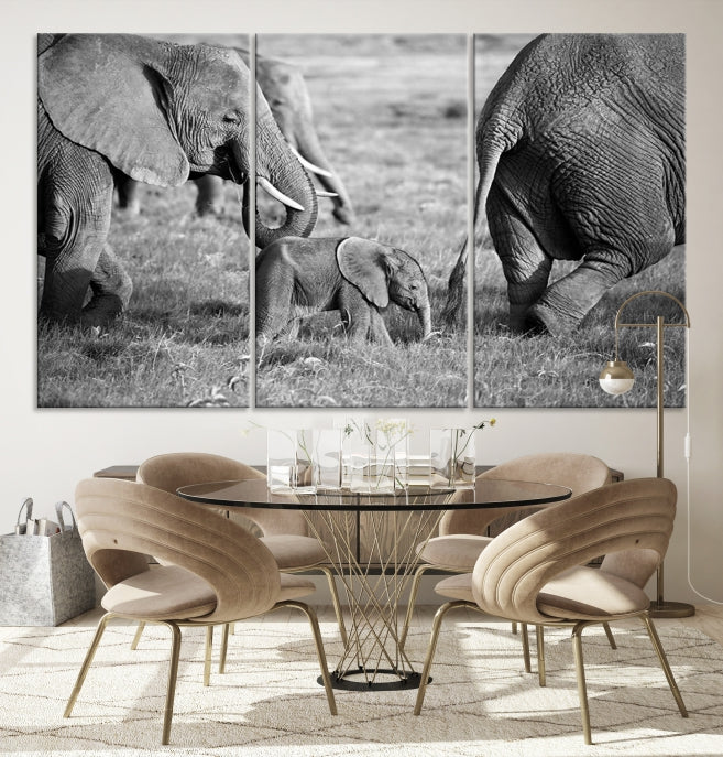 Wild Elephant Family Black and White Animal Wall Art Canvas Print