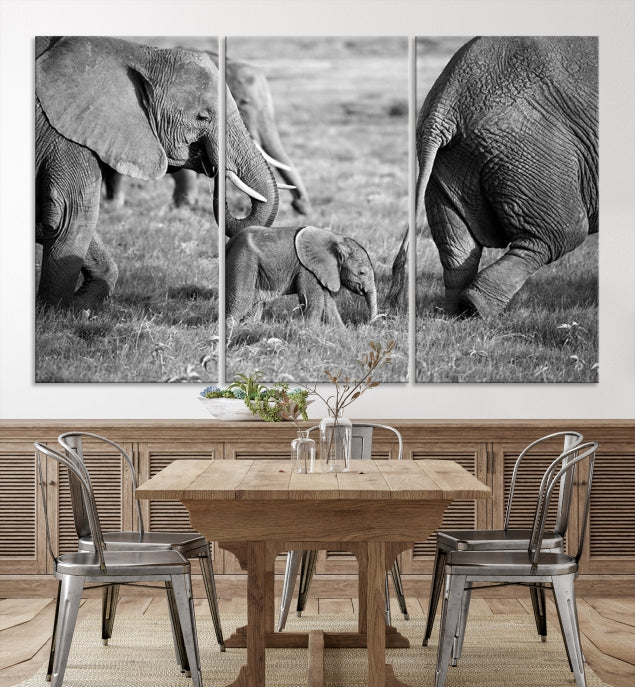 Wild Elephant Family Black and White Animal Wall Art Canvas Print