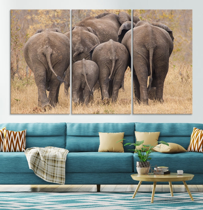 Wild Elephant Herd Canvas Print Large Animal Wall Art Giclee Printing Wall Decor