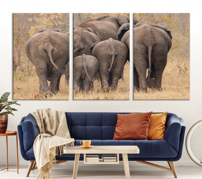 Wild Elephant Herd Canvas Print Large Animal Wall Art Giclee Printing Wall Decor