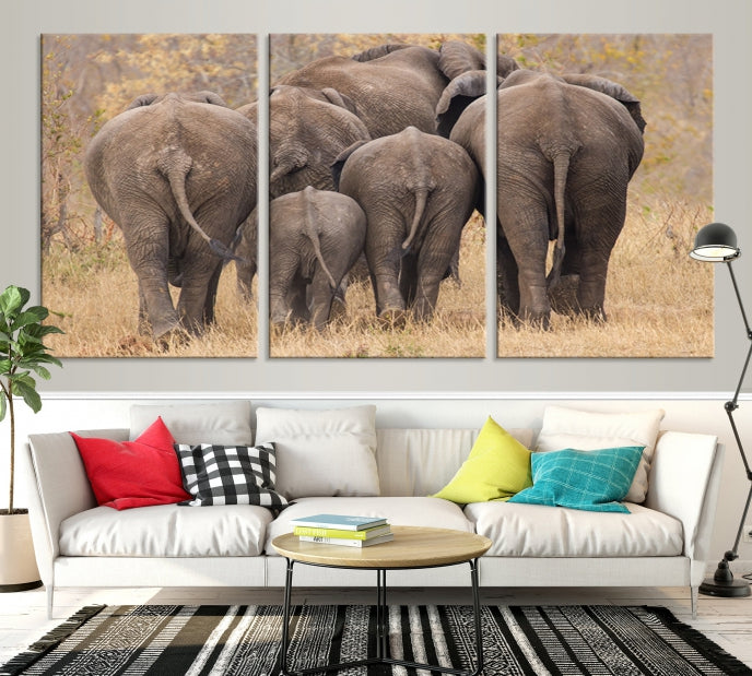 Wild Elephant Herd Canvas Print Large Animal Wall Art Giclee Printing Wall Decor