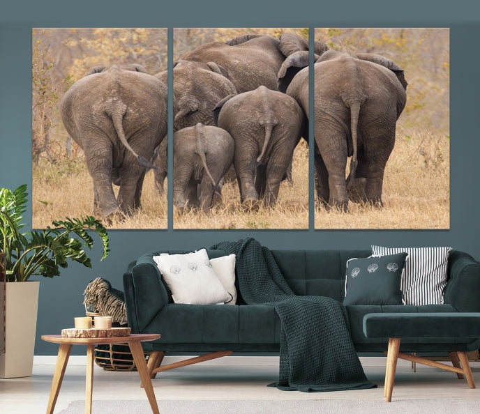 Wild Elephant Herd Canvas Print Large Animal Wall Art Giclee Printing Wall Decor