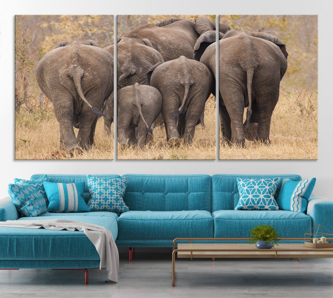 Wild Elephant Herd Canvas Print Large Animal Wall Art Giclee Printing Wall Decor