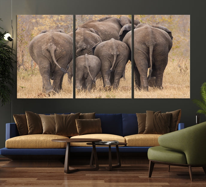 Wild Elephant Herd Canvas Print Large Animal Wall Art Giclee Printing Wall Decor