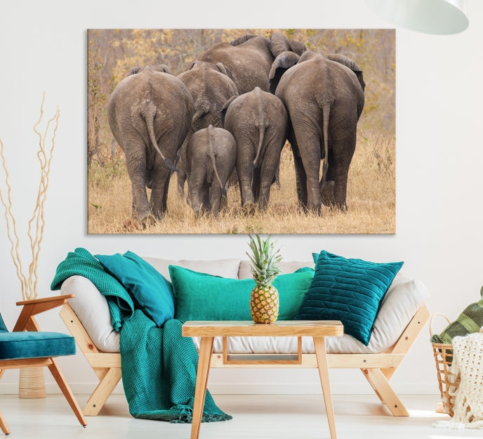 Wild Elephant Herd Canvas Print Large Animal Wall Art Giclee Printing Wall Decor