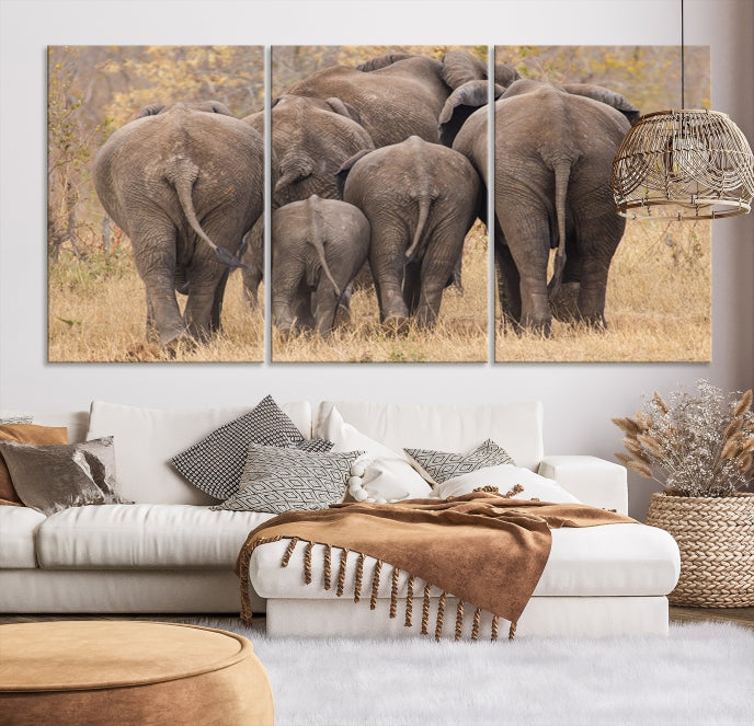 Wild Elephant Herd Canvas Print Large Animal Wall Art Giclee Printing Wall Decor