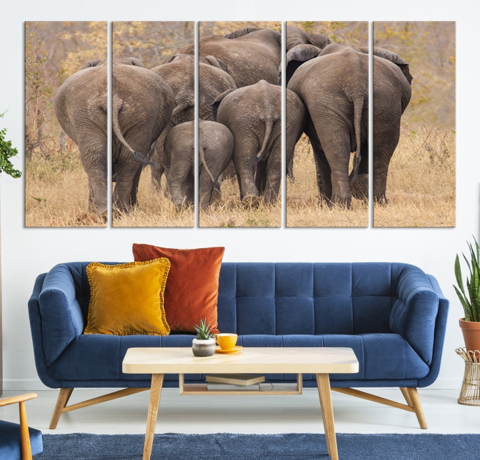 Wild Elephant Herd Canvas Print Large Animal Wall Art Giclee Printing Wall Decor