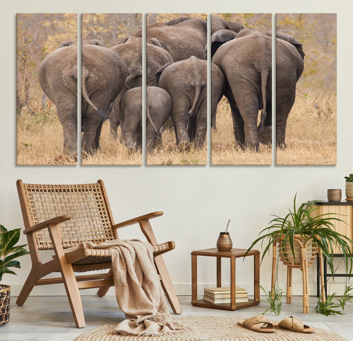 Wild Elephant Herd Canvas Print Large Animal Wall Art Giclee Printing Wall Decor