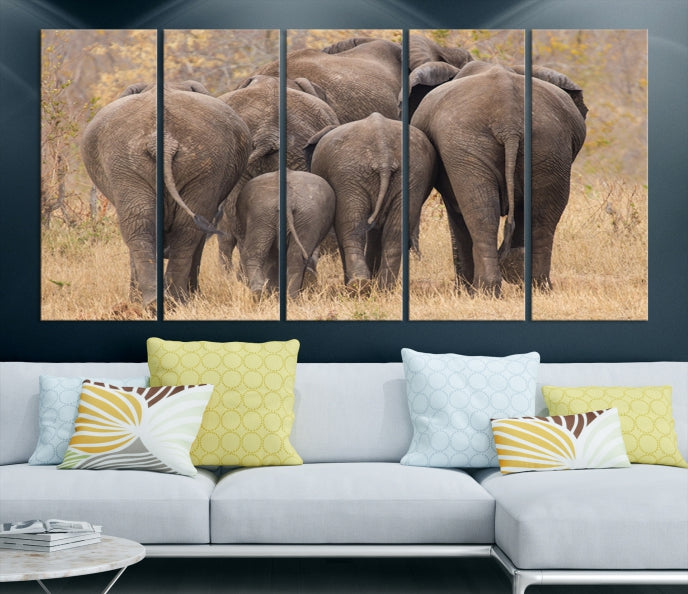 Wild Elephant Herd Canvas Print Large Animal Wall Art Giclee Printing Wall Decor