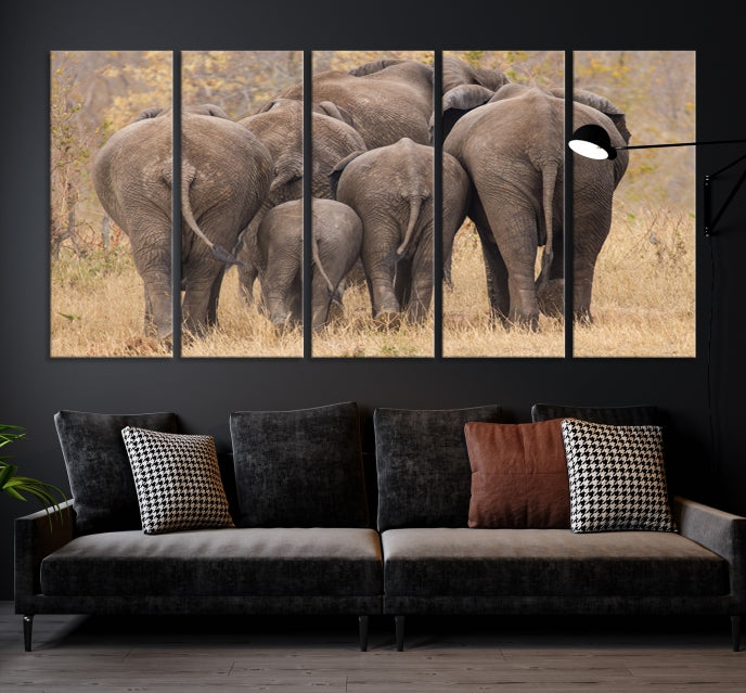 Wild Elephant Herd Canvas Print Large Animal Wall Art Giclee Printing Wall Decor