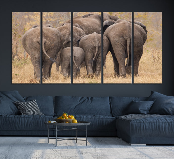 Wild Elephant Herd Canvas Print Large Animal Wall Art Giclee Printing Wall Decor