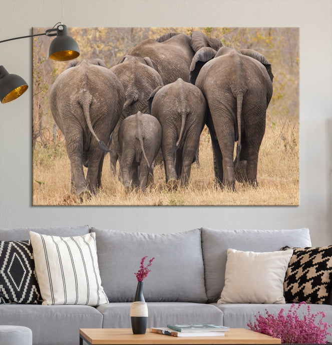 Wild Elephant Herd Canvas Print Large Animal Wall Art Giclee Printing Wall Decor