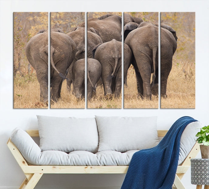 Wild Elephant Herd Canvas Print Large Animal Wall Art Giclee Printing Wall Decor