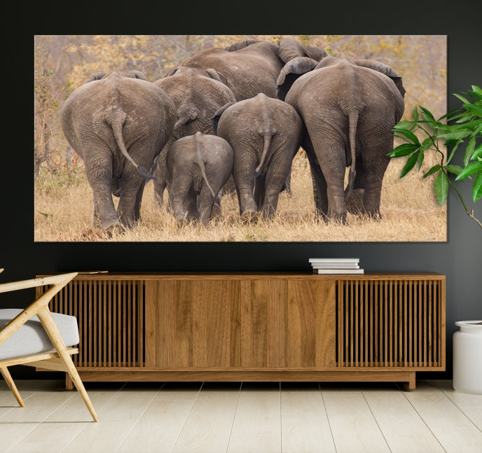 Wild Elephant Herd Canvas Print Large Animal Wall Art Giclee Printing Wall Decor