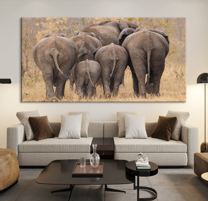 Wild Elephant Herd Canvas Print Large Animal Wall Art Giclee Printing Wall Decor