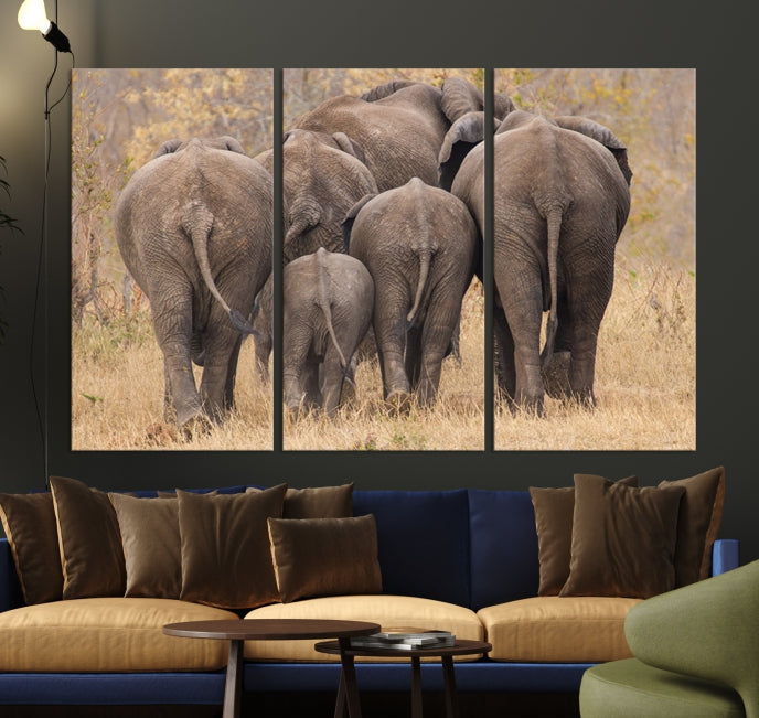 Wild Elephant Herd Canvas Print Large Animal Wall Art Giclee Printing Wall Decor