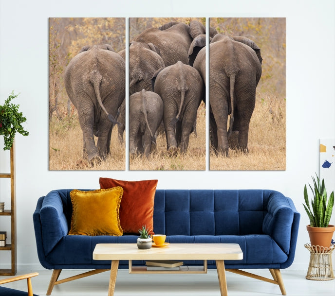 Wild Elephant Herd Canvas Print Large Animal Wall Art Giclee Printing Wall Decor