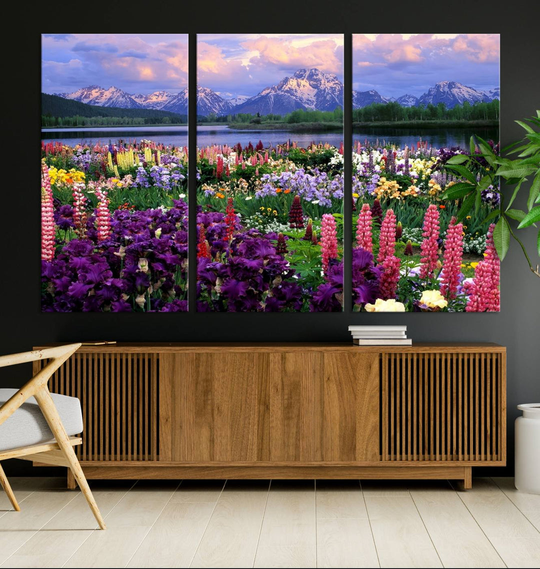 Wild Flower Field Wall Art Canvas Print, Nature Lake Mountain Prints