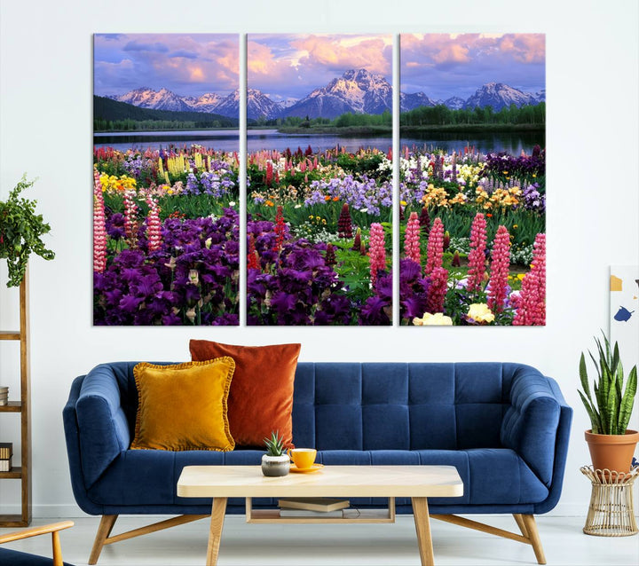 Wild Flower Field Wall Art Canvas Print, Nature Lake Mountain Prints