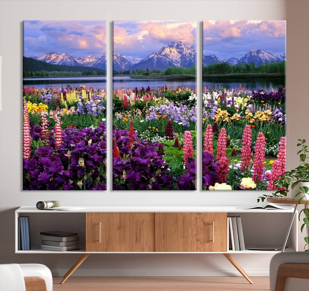 Wild Flower Field Wall Art Canvas Print, Nature Lake Mountain Prints