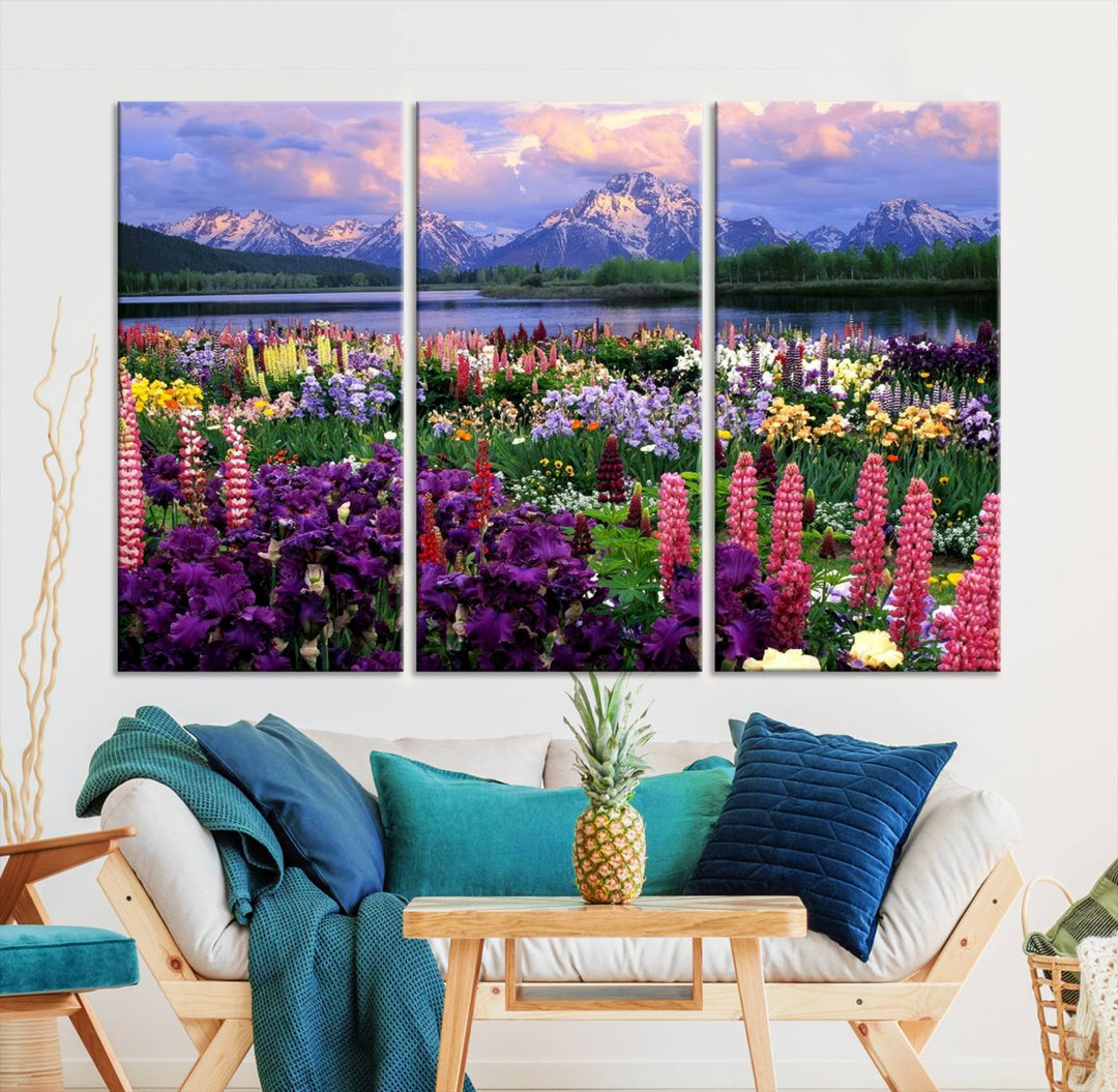 Wild Flower Field Wall Art Canvas Print, Nature Lake Mountain Prints