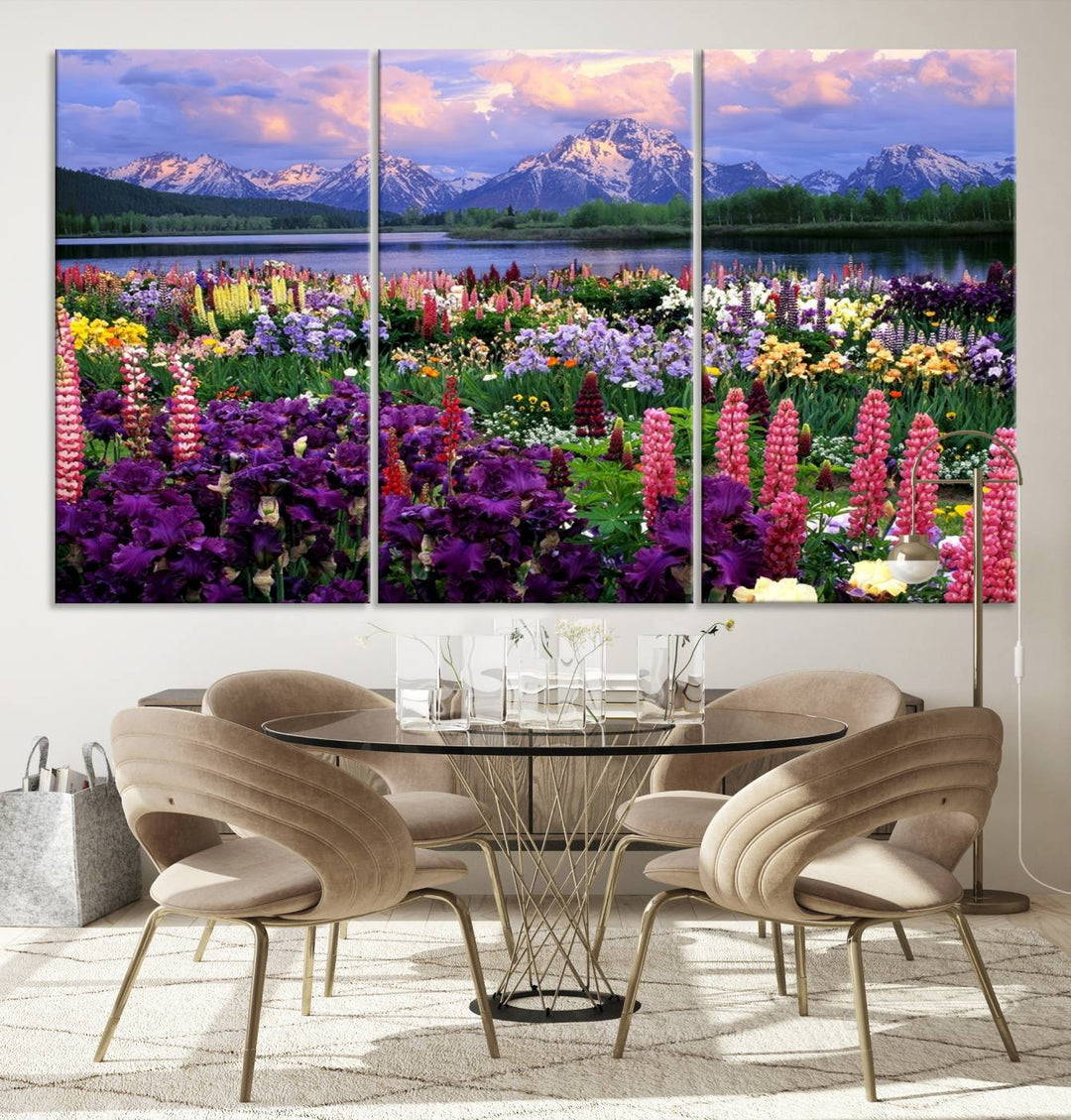 Wild Flower Field Wall Art Canvas Print, Nature Lake Mountain Prints